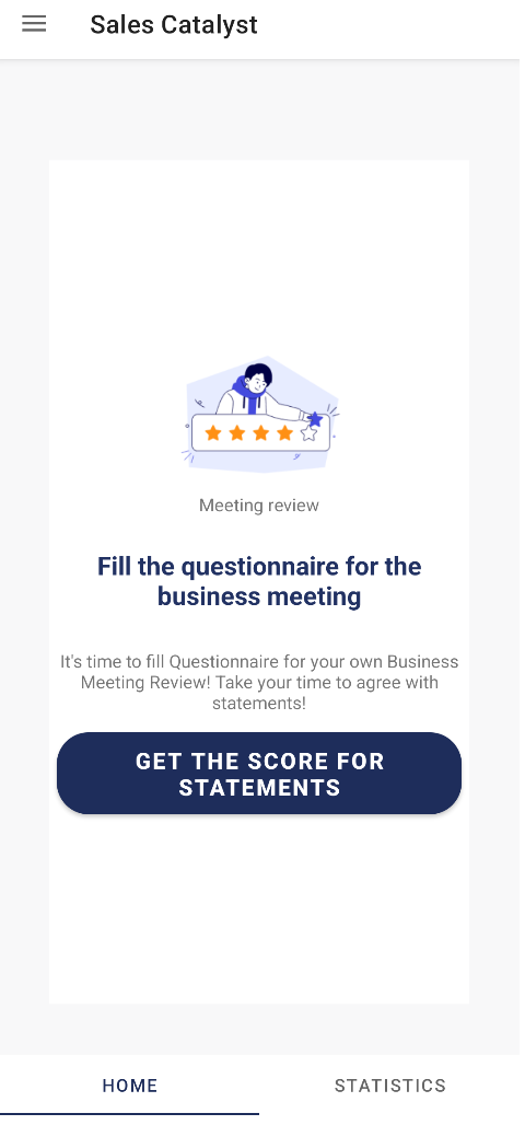 Sales Catalyst app showing the meeting review questionnaire